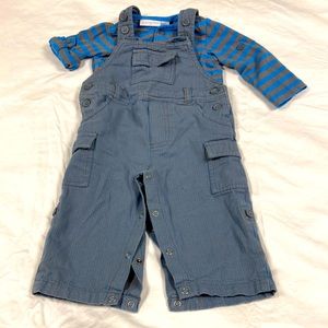 First impressions boys gray & blue striped matching set with overalls size 12 m